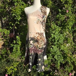 VENUS One-Shoulder Blush Floral & Leopard Asymmetrical Dress side zip Womens S